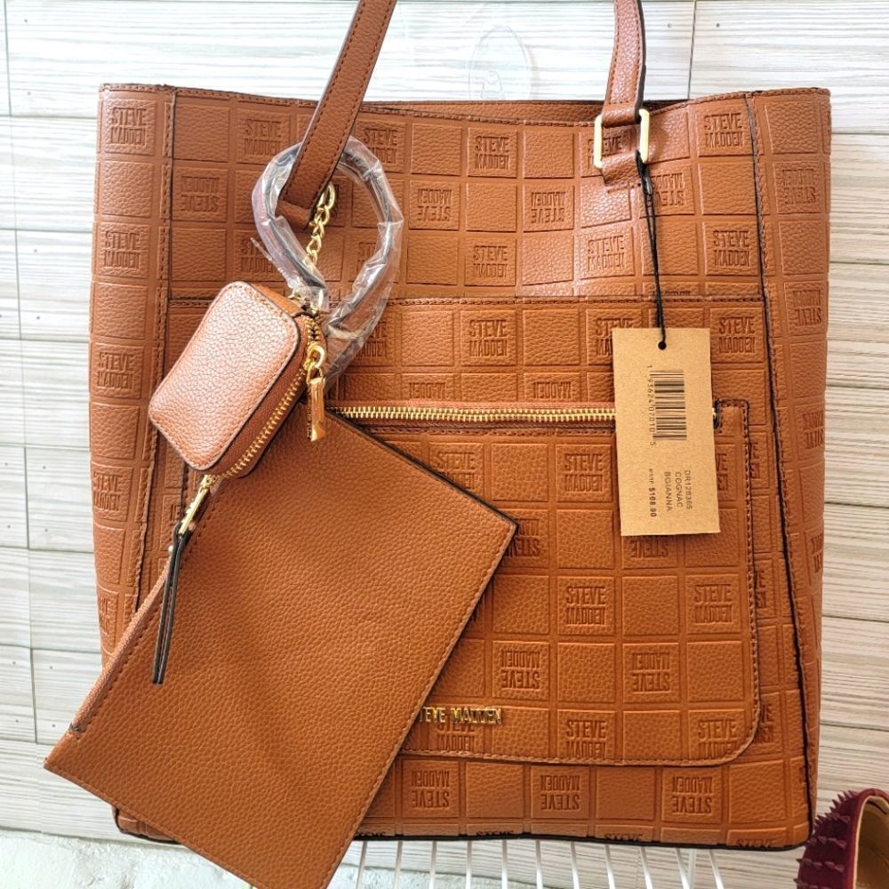 NWT STEVE MADDEN BGIANNA LOGO TOTE COGNAC